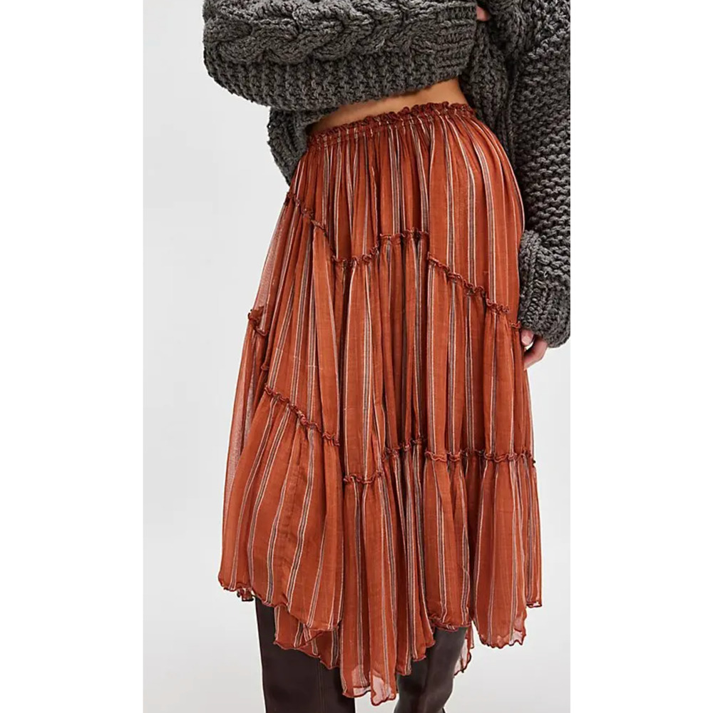 NEW FREE PEOPLE FP ONE TERRACOTTA STRIPE EMBER PRINTED MIDI SKIRT SZ S - Picture 5 of 10